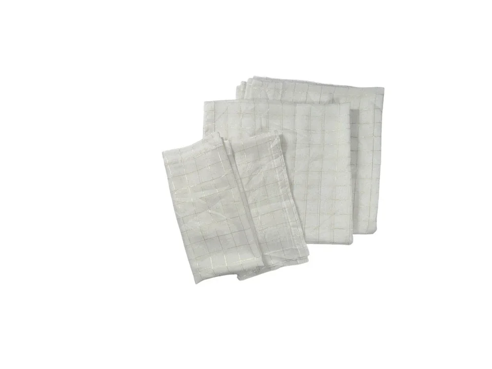 Set 4 Grid Print Curtains White Gold Sheer Panels Long & Short Metallic Plaid